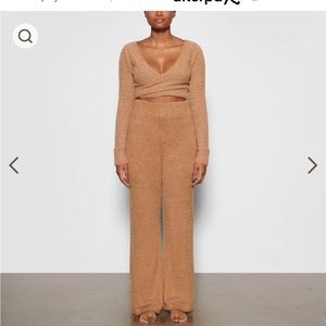 Skims cozy knit camel set, ballerina top and flare pants, Sz L/XL